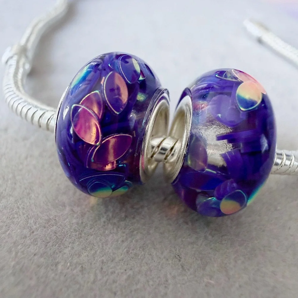 2 PCs Purple Iridescent Confetti Spacer Bead Charms fits PANDORA